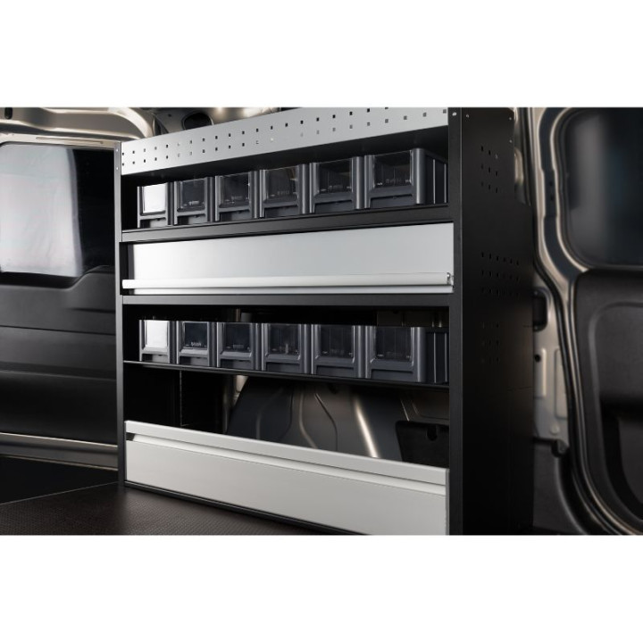 Aménagement PROVAN avec tiroir, étagères et bacs (gauche ou droite) pour Toyota Proace City 2019+ - vue de côté fourgon