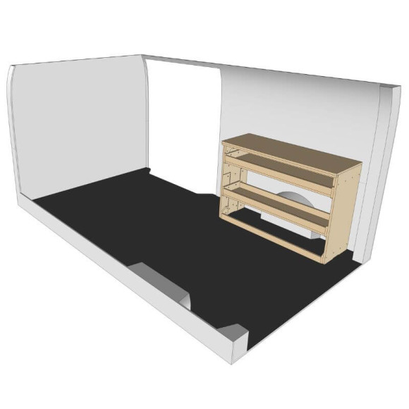 Etagère bois brut droit vue de face Renault Trafic 2014-2024 Etagère bois brut droit vue de face Renault Trafic 2014-2024