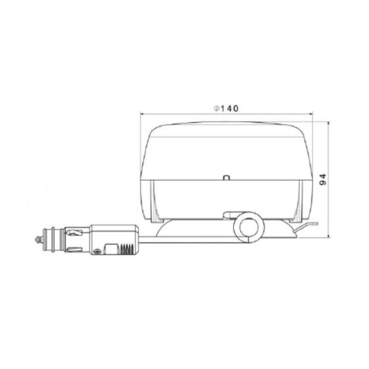 Schéma technique du gyrophare LED magnétique : diamètre 140 mm, hauteur 94 mm, alimentation via prise allume-cigare.