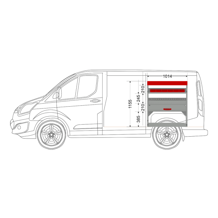 Aménagement métal Ford Custom L1 - ZEVIM Standard rouge - côté droit - vue dans utilitaire et dimensions