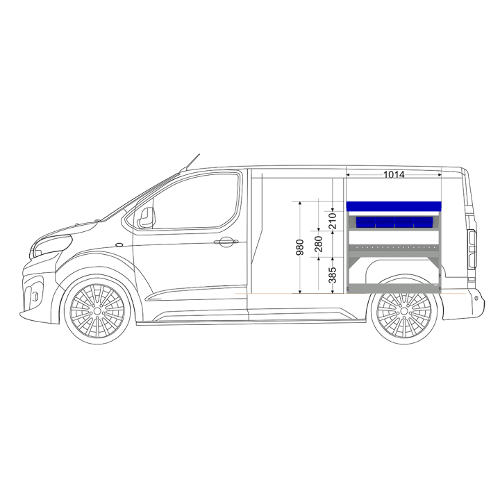 Aménagement métal Citroen Jumpy M (L2) - ZEVIM Economique bleu - côté droit - vue dans utilitaire et dimensions