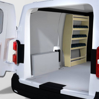 Aménagement compact Opel Vivaro 2019+ avec casier bois et bacs côté gauche