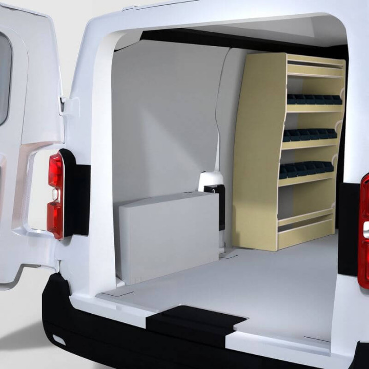 Aménagement Opel Vivaro 2019+ avec casier bois et bacs pour côté gauche