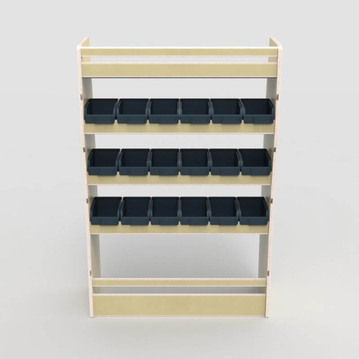 Casier de rangement en bois avec bacs amovibles pour Fiat Scudo 2022+, vue de face.