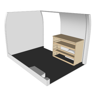 Etagère bois brut avec établie vue de face Mercedes eSprinter 2023+
