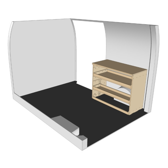 Etagère bois brut avec établie vue de face Mercedes eSprinter 2023+