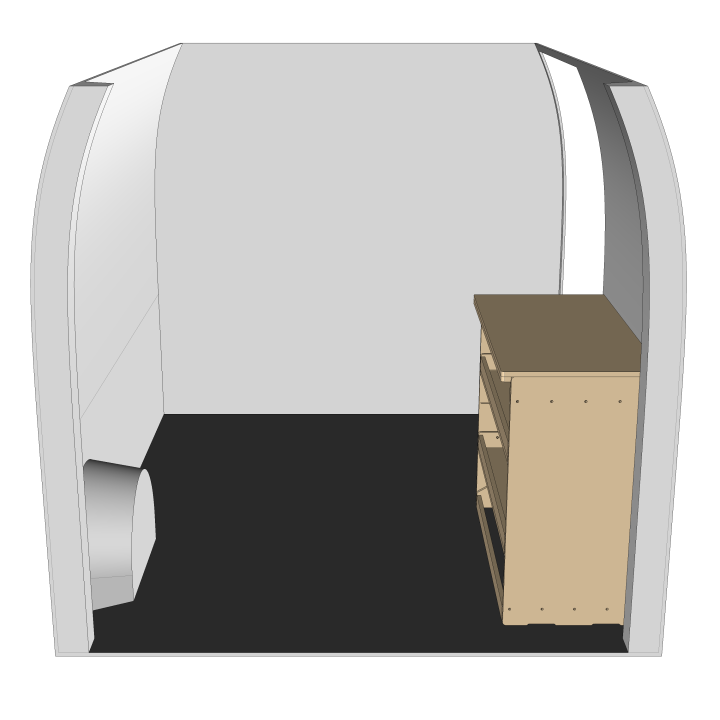 Etagère bois brut avec établie vue de face Mercedes eSprinter 2023+