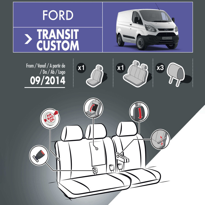 Housses de siège en tissu pour Ford E-transit Custom 2024+ - avec accoudoirs et tablette