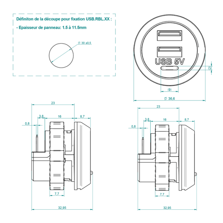 Plan de la prise USB ronde + définition de la découpe