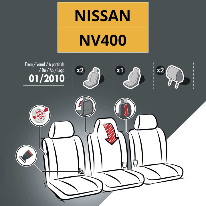 Housses de siège en tissu pour Nissan NV400 2010-2021 - avec tablette